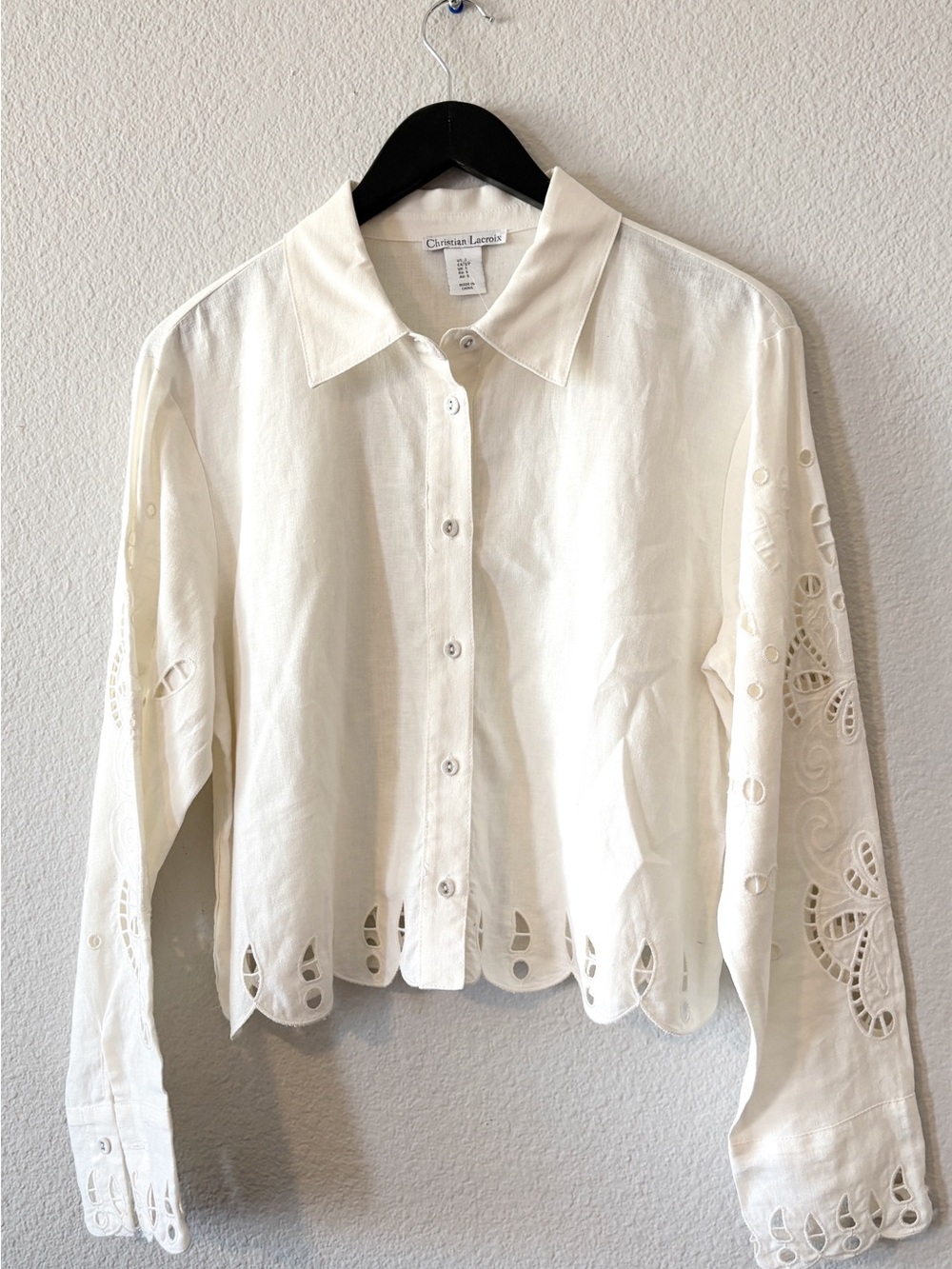 Christian Lacroix Cream Linen Cutwork Eyelet Scalloped Button-Down Blouse